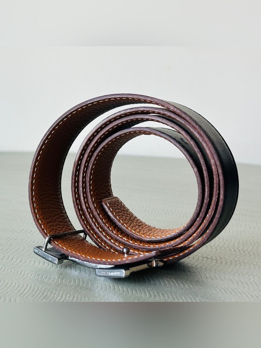 Hermes SILVER Buckle H Belt Black Black Tan Leather Strap 32 mm Width Size 95 Cm - Picture 8 of 16